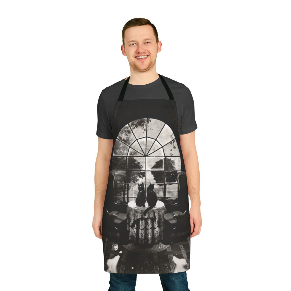 Skull-patterned black apron with a bold, gothic design