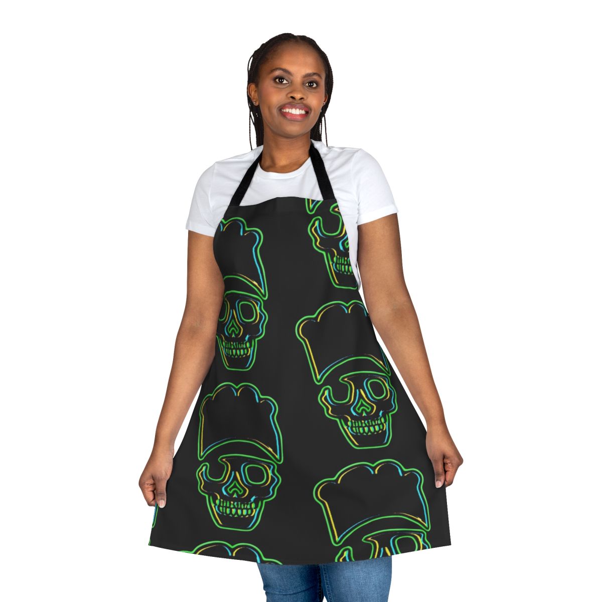 Skull-patterned green chef's apron