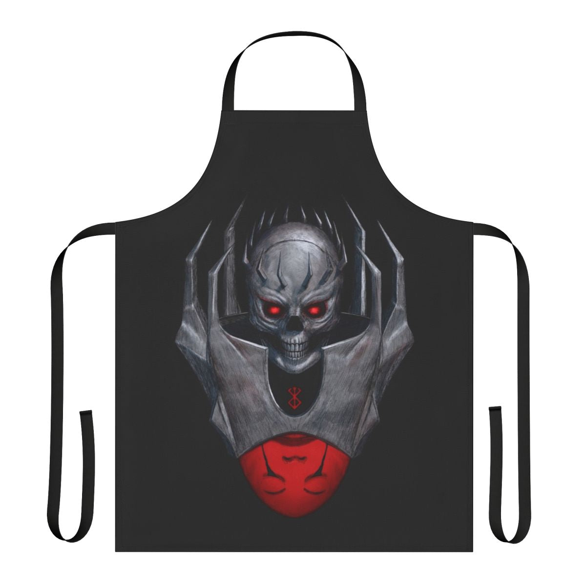 Image of a black apron with a skull knight design, perfect for dark and gothic-themed kitchens.