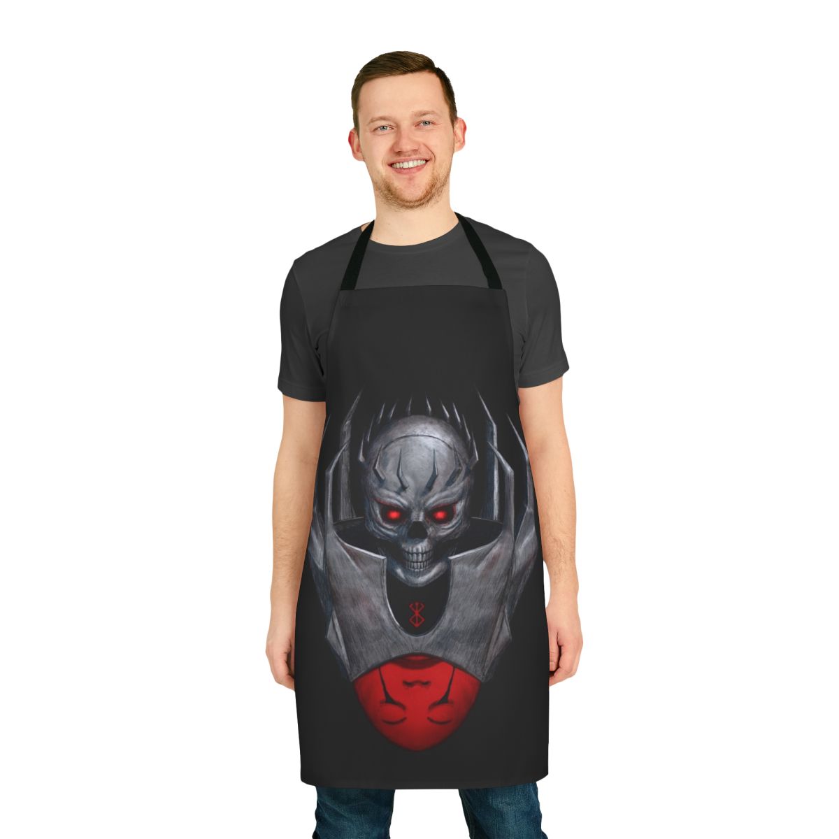 Image of a black apron with a skull knight design, perfect for dark and gothic-themed kitchens.