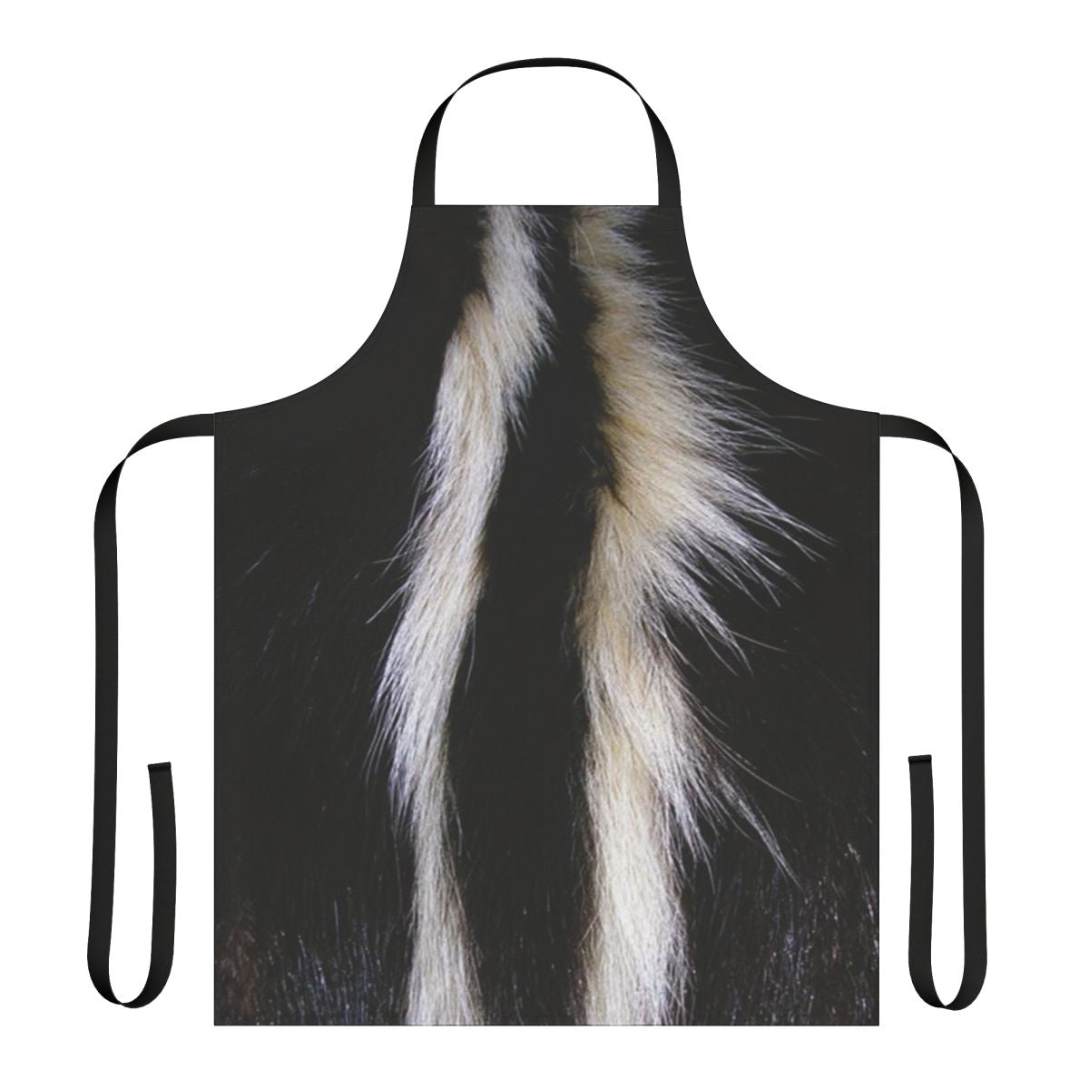A black and white apron with a fun, playful skunk stripe design.