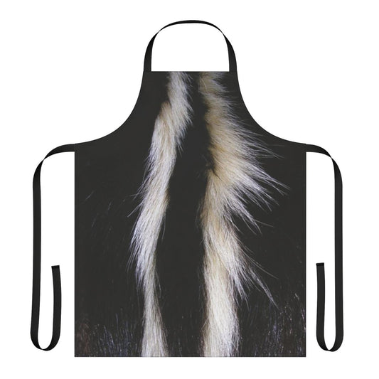 A black and white apron with a fun, playful skunk stripe design.
