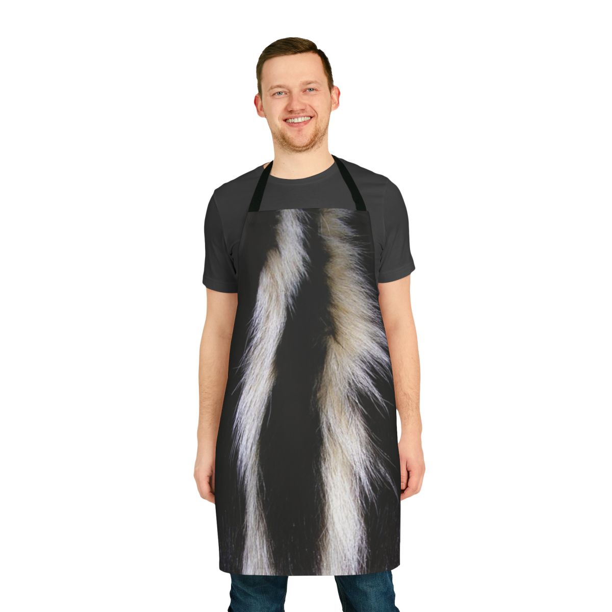 A black and white apron with a fun, playful skunk stripe design.