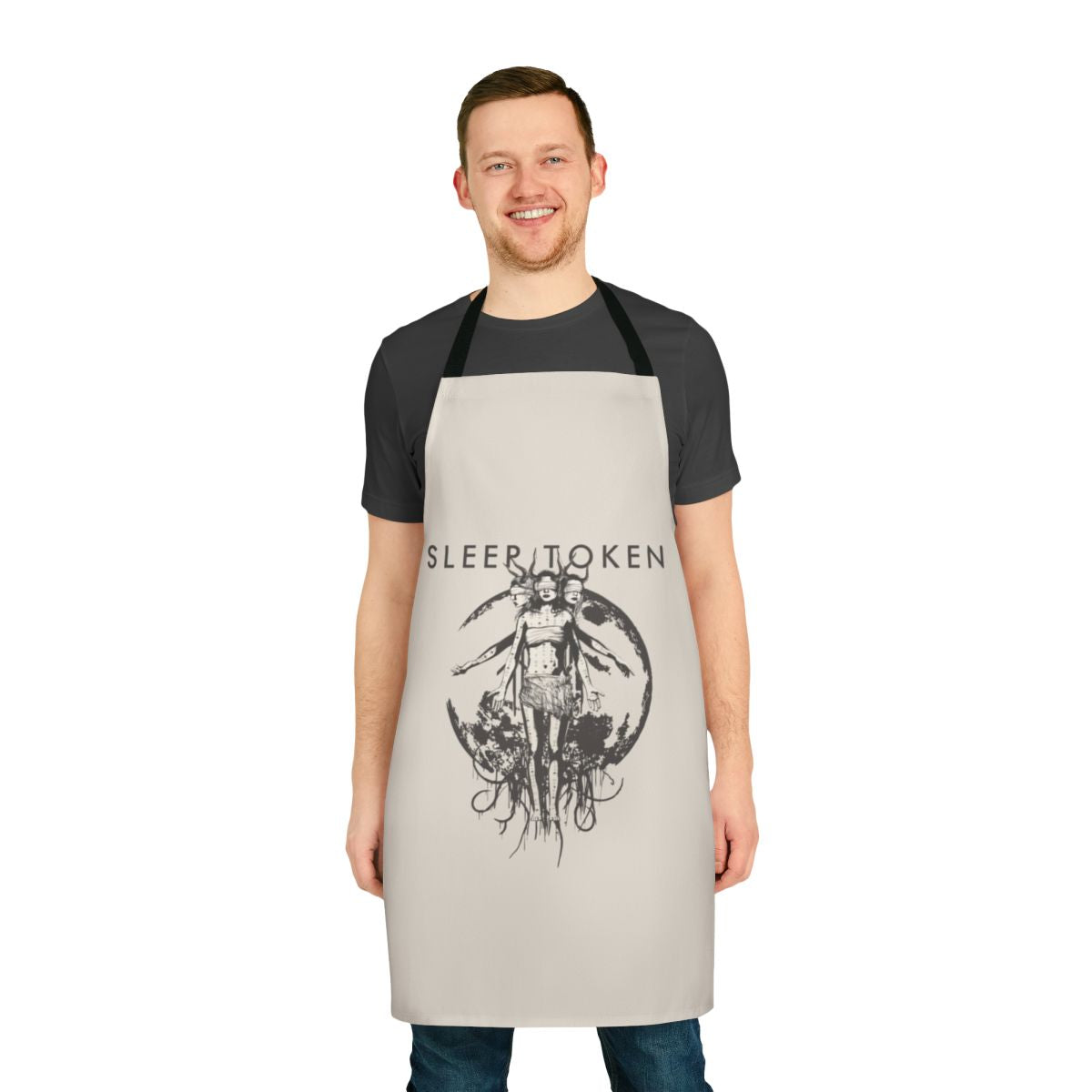 A stylish apron featuring the Sleep Token band logo and design