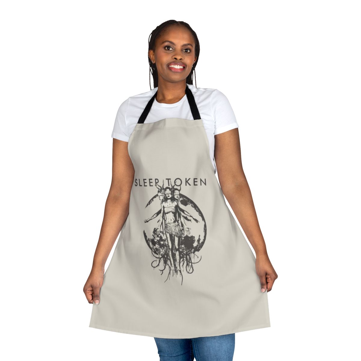 A stylish apron featuring the Sleep Token band logo and design