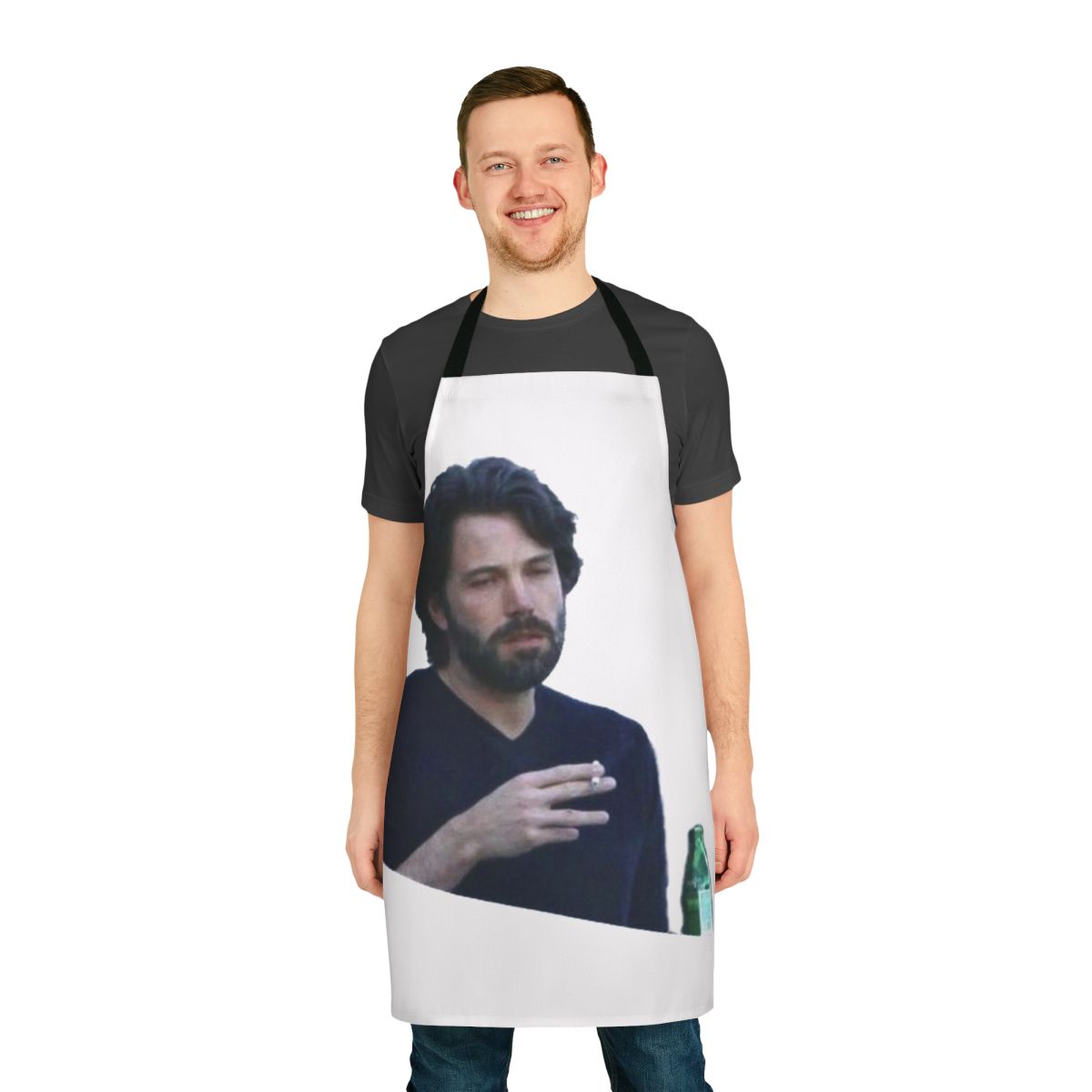 A stylish black apron featuring a smoke-themed design inspired by Ben Affleck memes