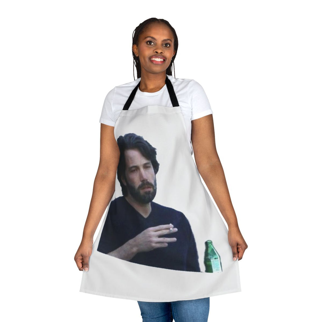 A stylish black apron featuring a smoke-themed design inspired by Ben Affleck memes