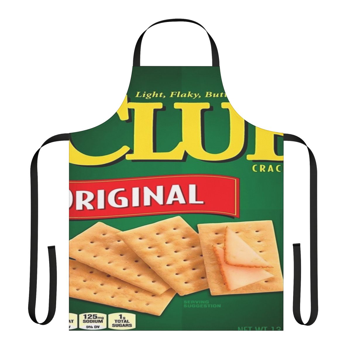 Colorful apron featuring a printed design of classic crackers like Cheez-Its and Ritz