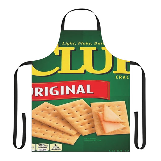 Colorful apron featuring a printed design of classic crackers like Cheez-Its and Ritz