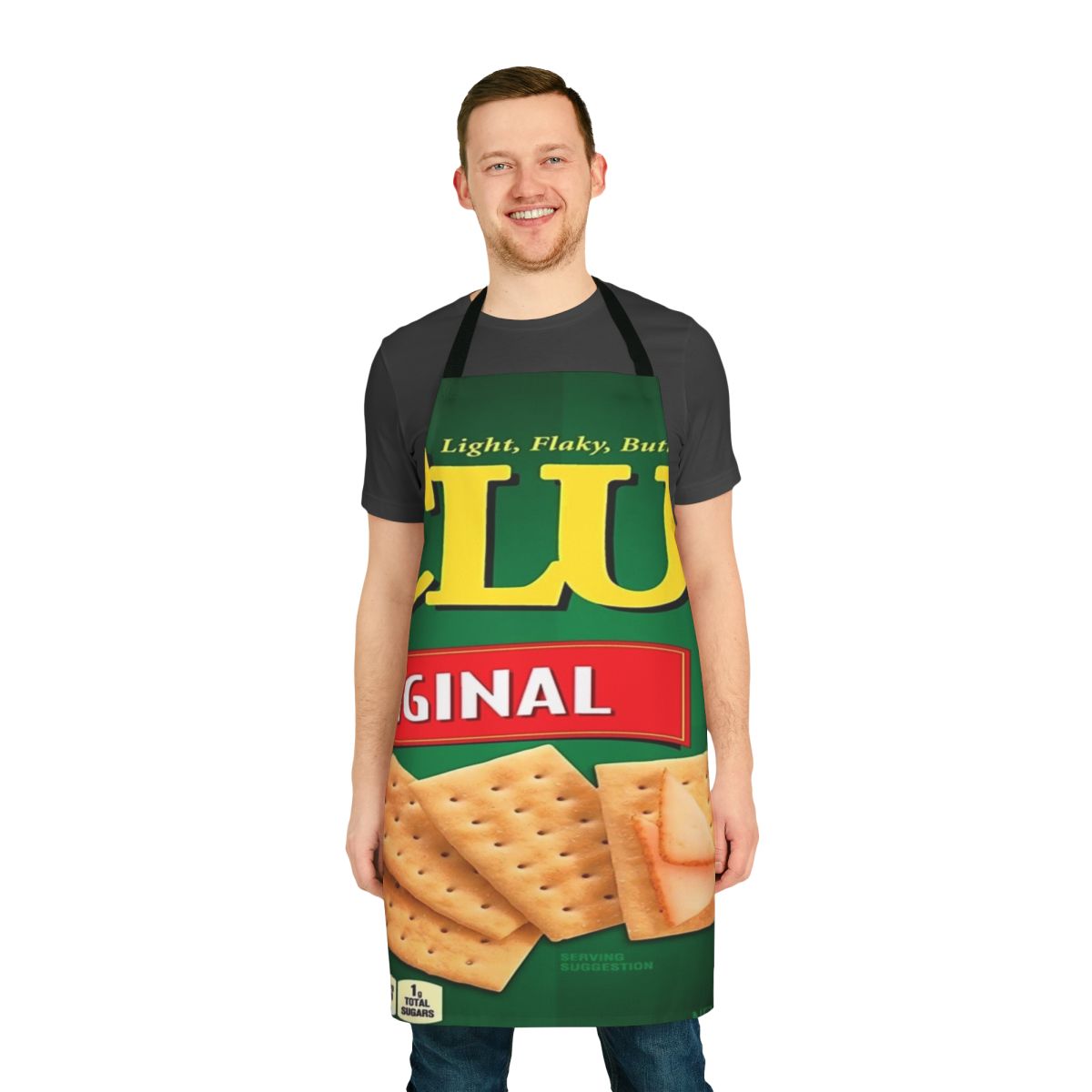 Colorful apron featuring a printed design of classic crackers like Cheez-Its and Ritz