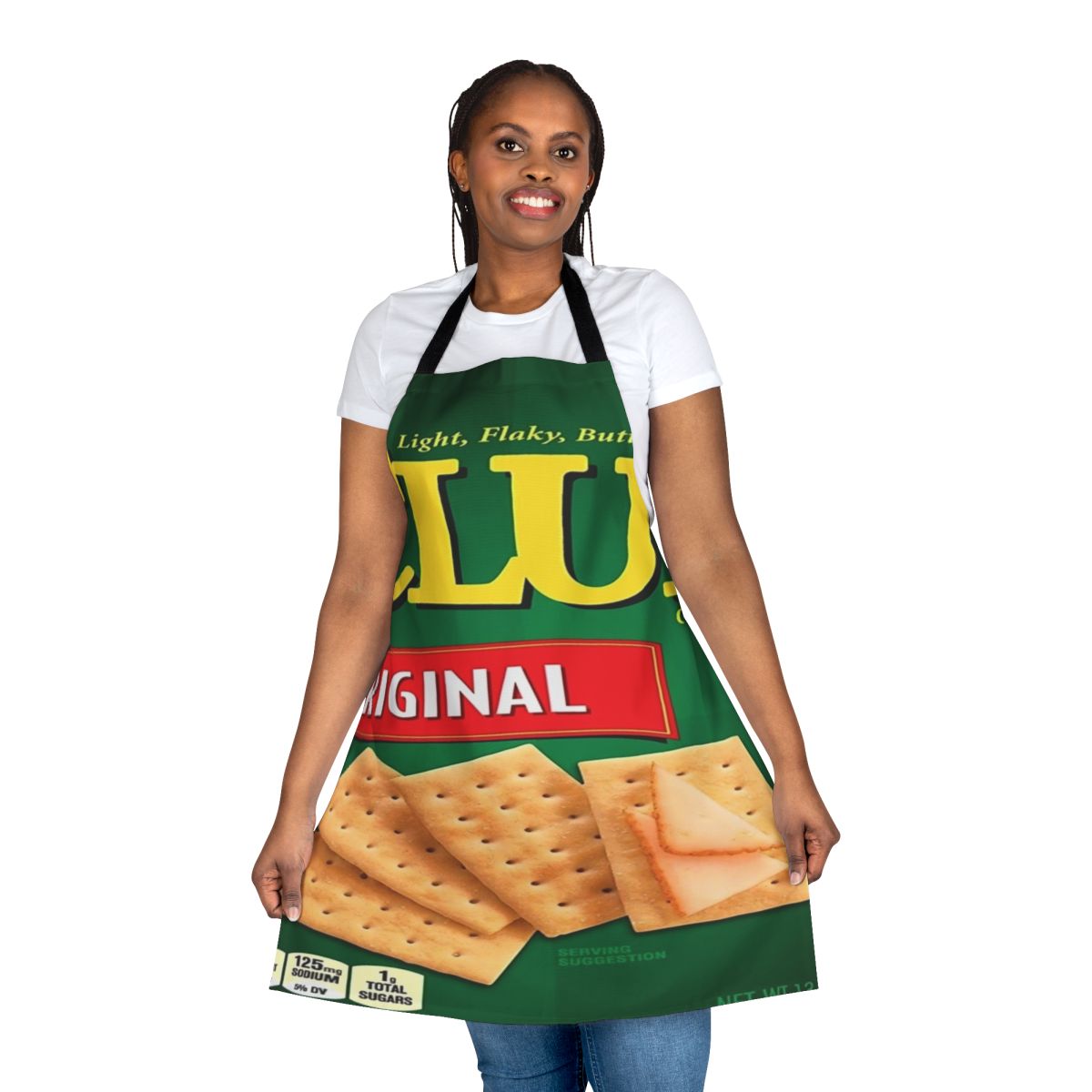 Colorful apron featuring a printed design of classic crackers like Cheez-Its and Ritz