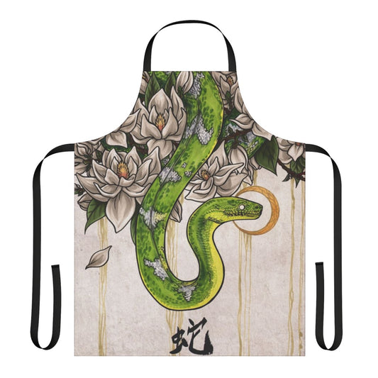 Detailed snake and magnolia flower design on a high-quality kitchen apron