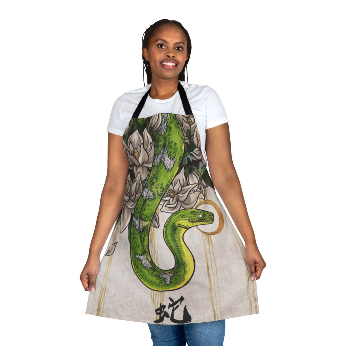 Detailed snake and magnolia flower design on a high-quality kitchen apron