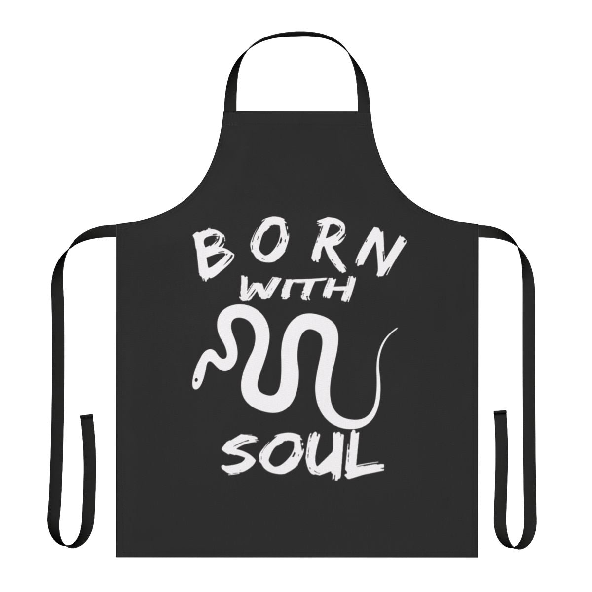A black and white apron with a snake design, representing a "born with snake soul" theme.