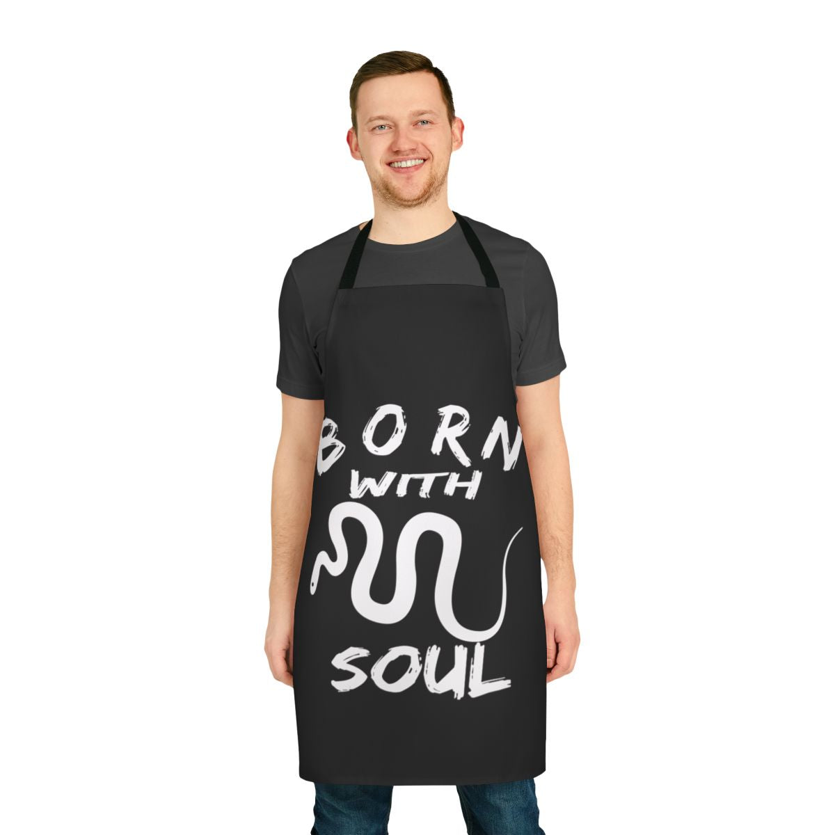 A black and white apron with a snake design, representing a "born with snake soul" theme.
