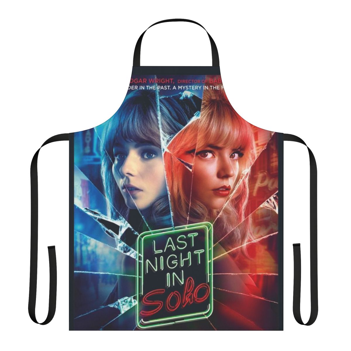 Stylish black and white apron featuring a "Last Night in Soho" inspired design