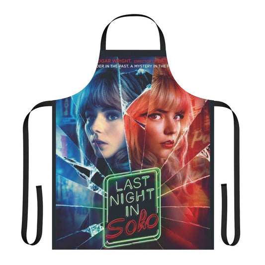 Stylish black and white apron featuring a "Last Night in Soho" inspired design