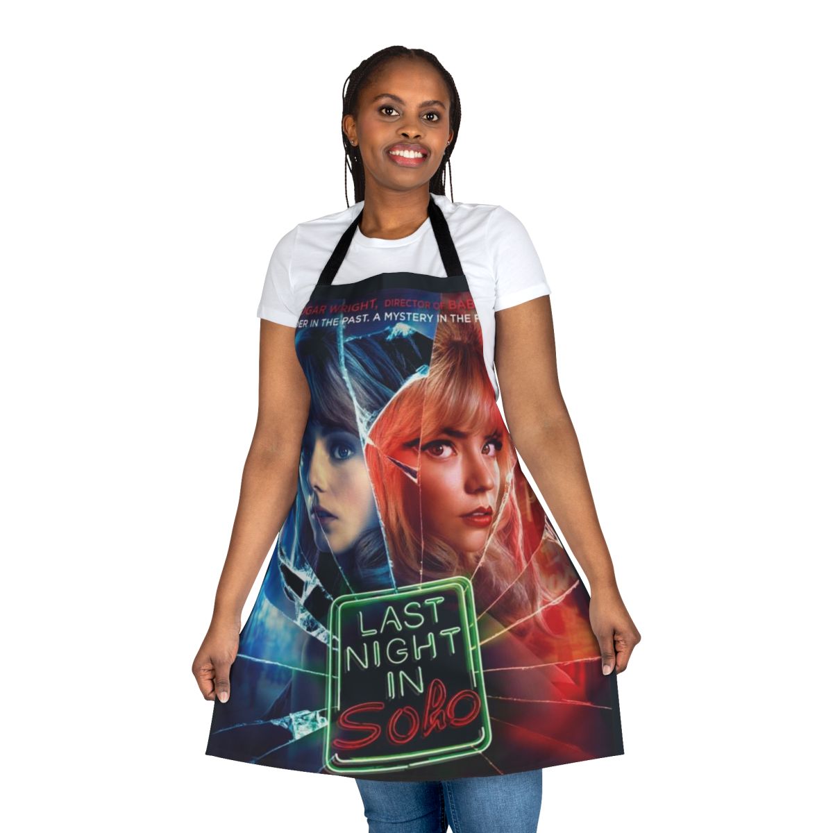 Stylish black and white apron featuring a "Last Night in Soho" inspired design