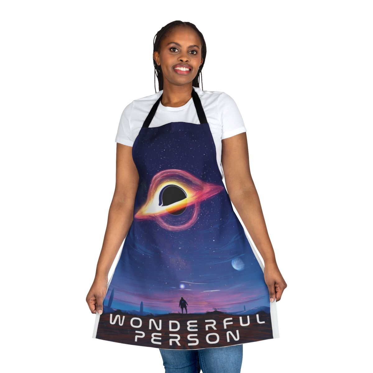 A high-quality apron featuring a space, astronomy, and black hole design, perfect for the wonderful person in your life.