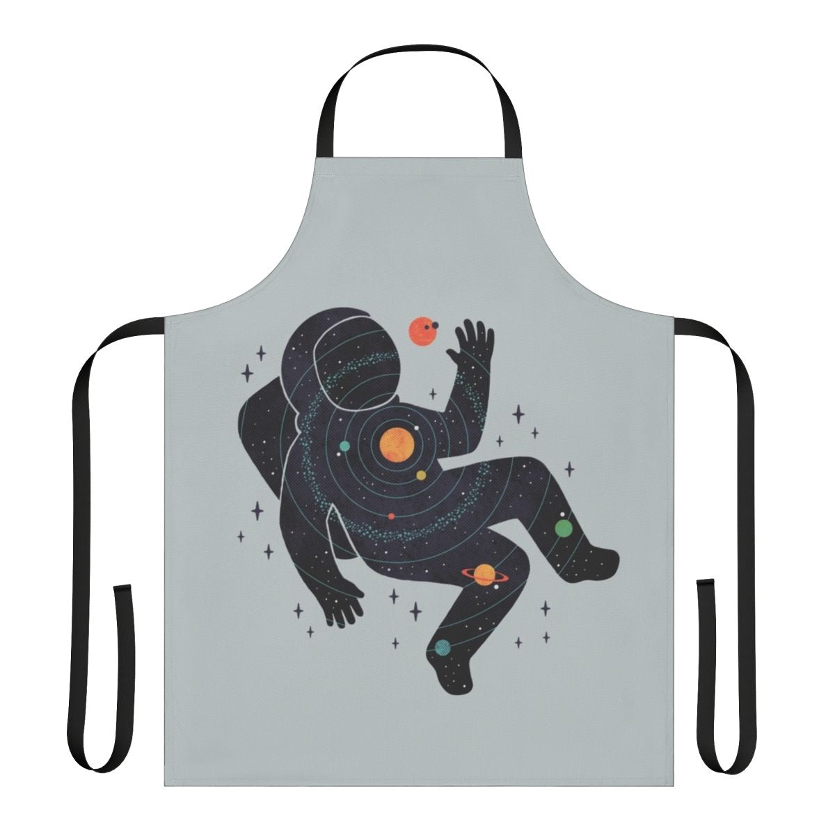 Minimalist space-themed apron with planets, stars, and astronaut design