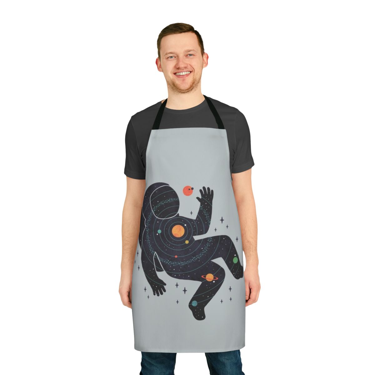 Minimalist space-themed apron with planets, stars, and astronaut design