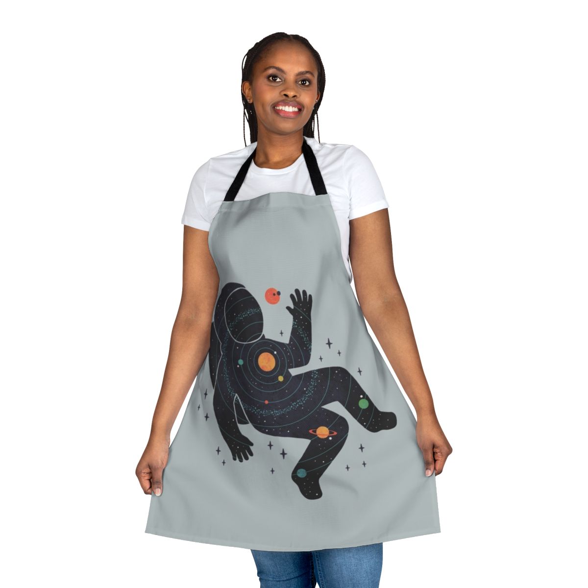 Minimalist space-themed apron with planets, stars, and astronaut design