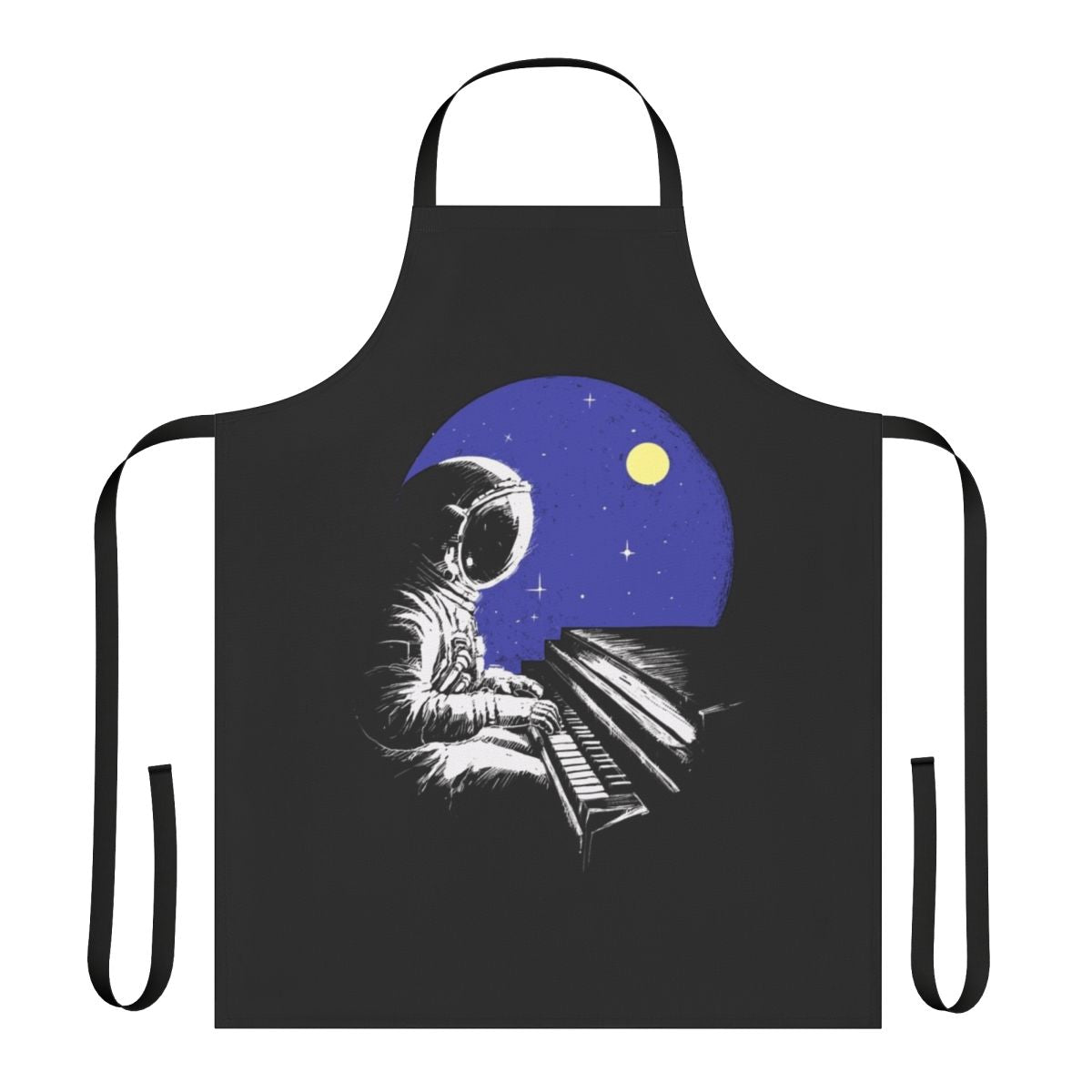 A black and white apron with a cityscape skyline and musical notes design, ideal for musicians and music lovers.