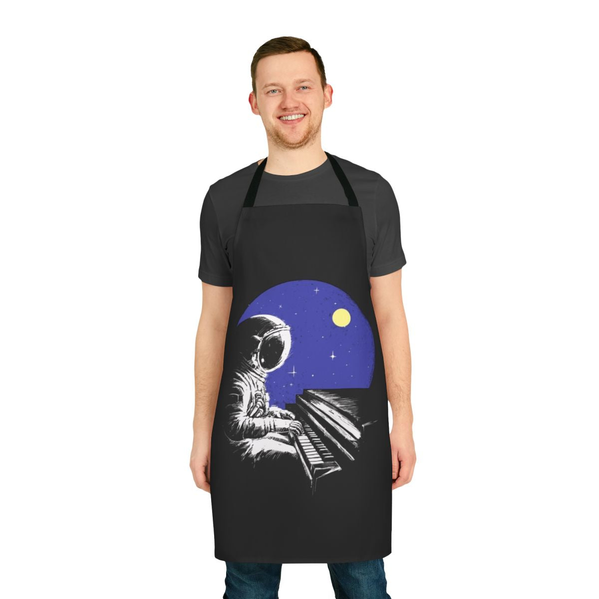 A black and white apron with a cityscape skyline and musical notes design, ideal for musicians and music lovers.