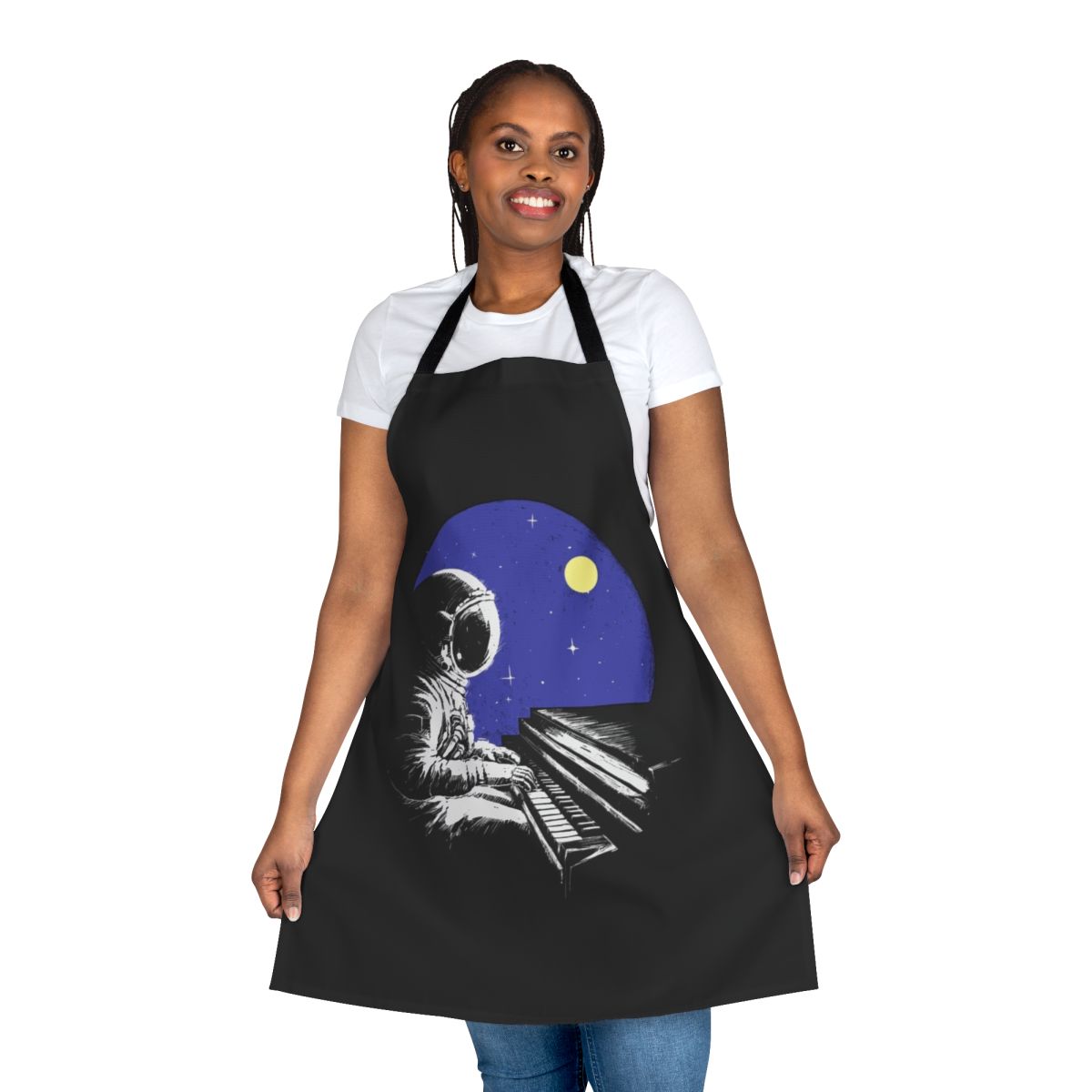 A black and white apron with a cityscape skyline and musical notes design, ideal for musicians and music lovers.