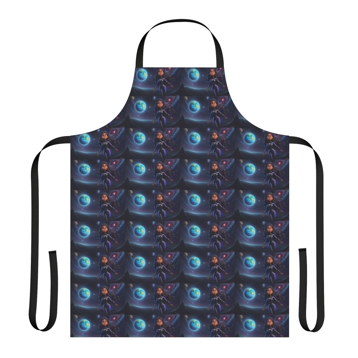 A vibrant and colorful apron featuring a space superhero design, perfect for kitchen, party, or cosplay use.