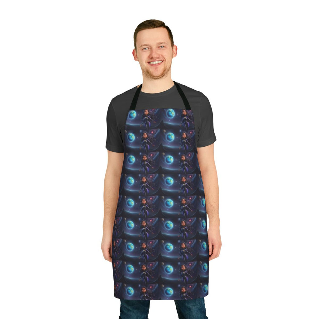 A vibrant and colorful apron featuring a space superhero design, perfect for kitchen, party, or cosplay use.