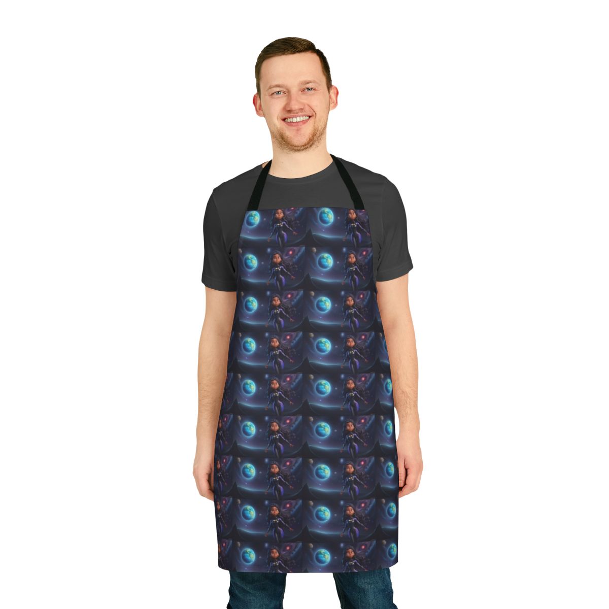 A vibrant and colorful apron featuring a space superhero design, perfect for kitchen, party, or cosplay use.