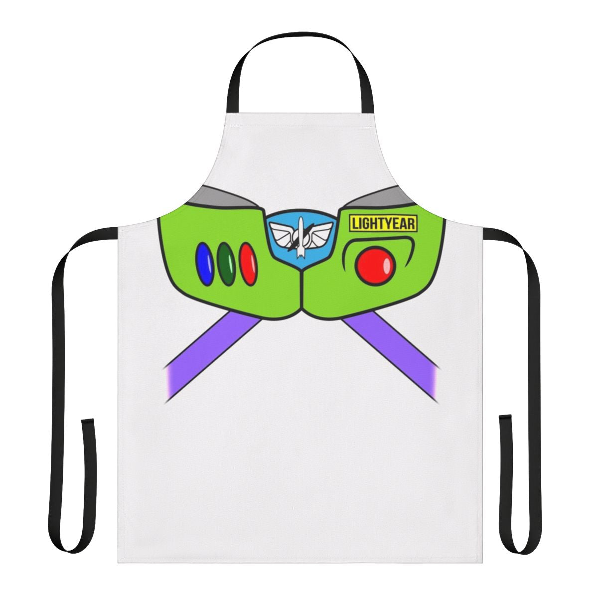 A high-quality apron featuring the iconic character Buzz Lightyear from the Pixar movie Toy Story.