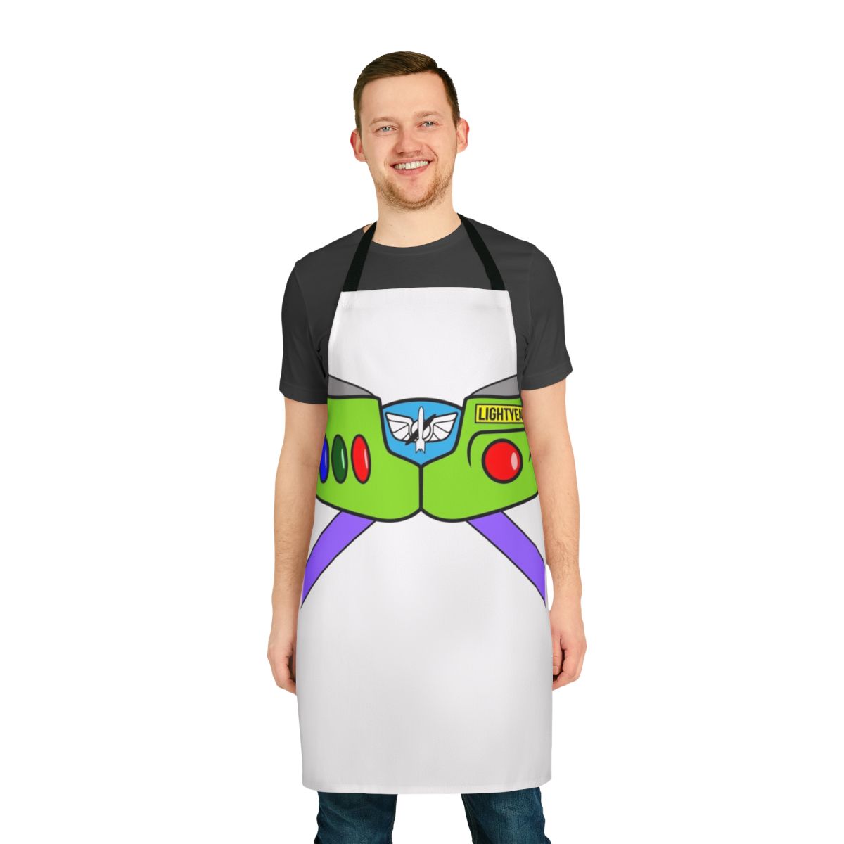 A high-quality apron featuring the iconic character Buzz Lightyear from the Pixar movie Toy Story.