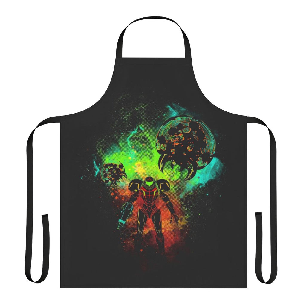 A vibrant and detailed apron featuring a bounty hunter in a futuristic space setting, perfect for cooking or gaming.