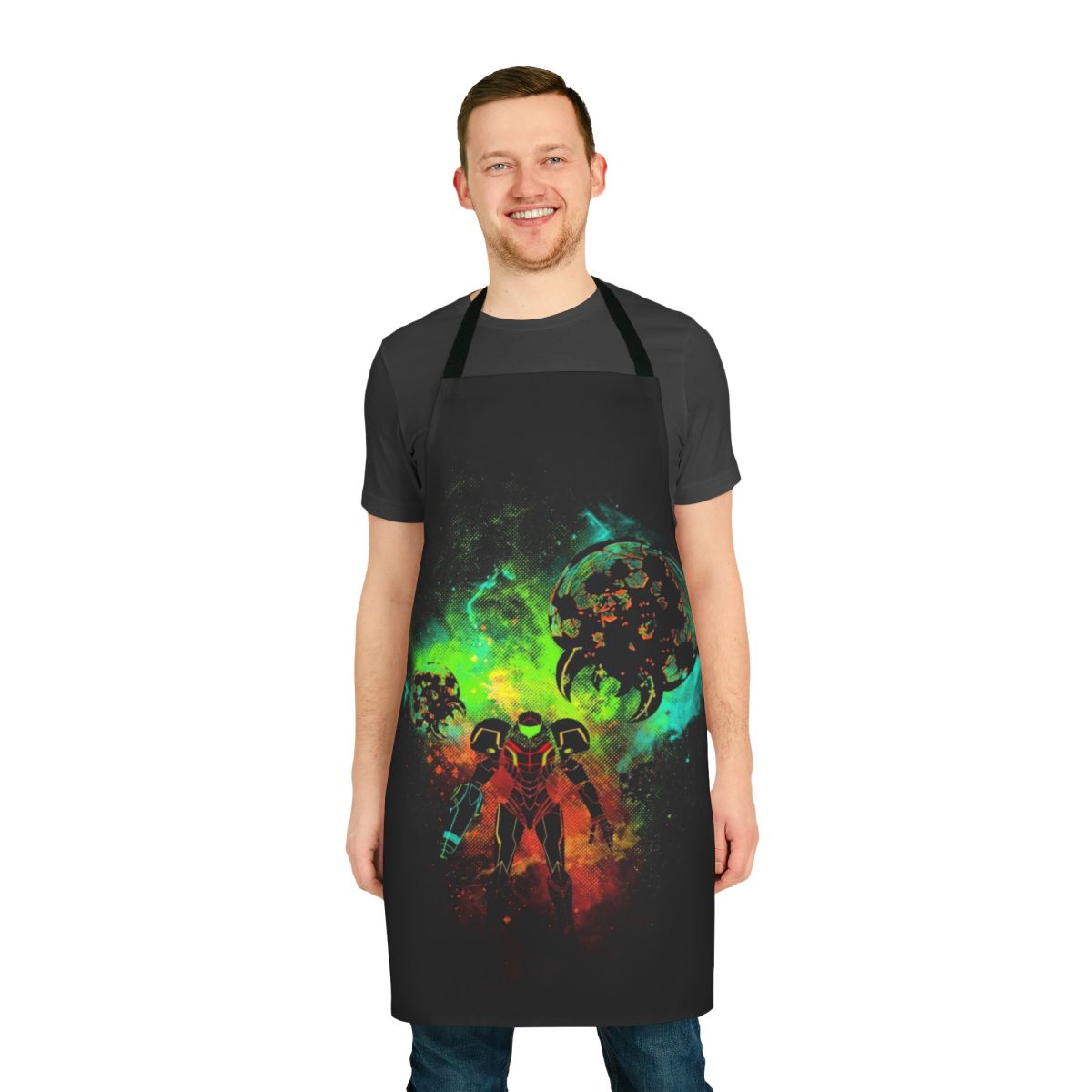 A vibrant and detailed apron featuring a bounty hunter in a futuristic space setting, perfect for cooking or gaming.