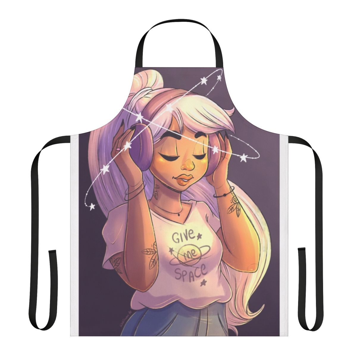 Image of a woman wearing a space-themed apron with stars, galaxies, and an astronaut design