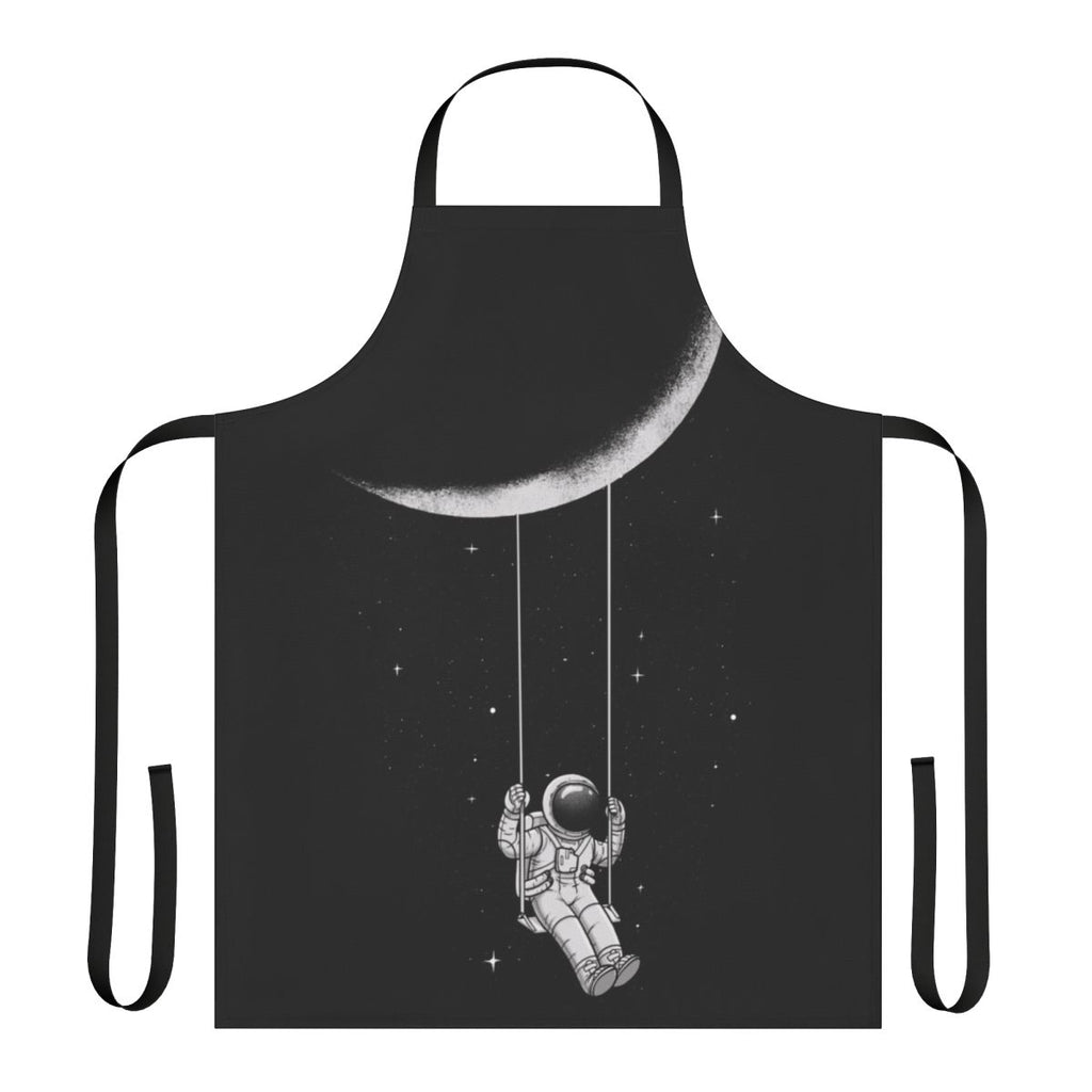 A black and white abstract apron with a swinging moon design, perfect for sci-fi and space enthusiasts.