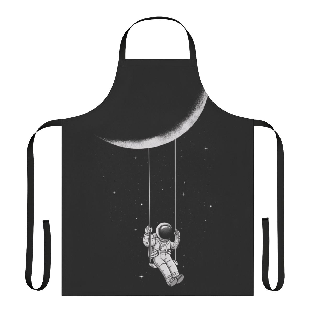 A black and white abstract apron with a swinging moon design, perfect for sci-fi and space enthusiasts.