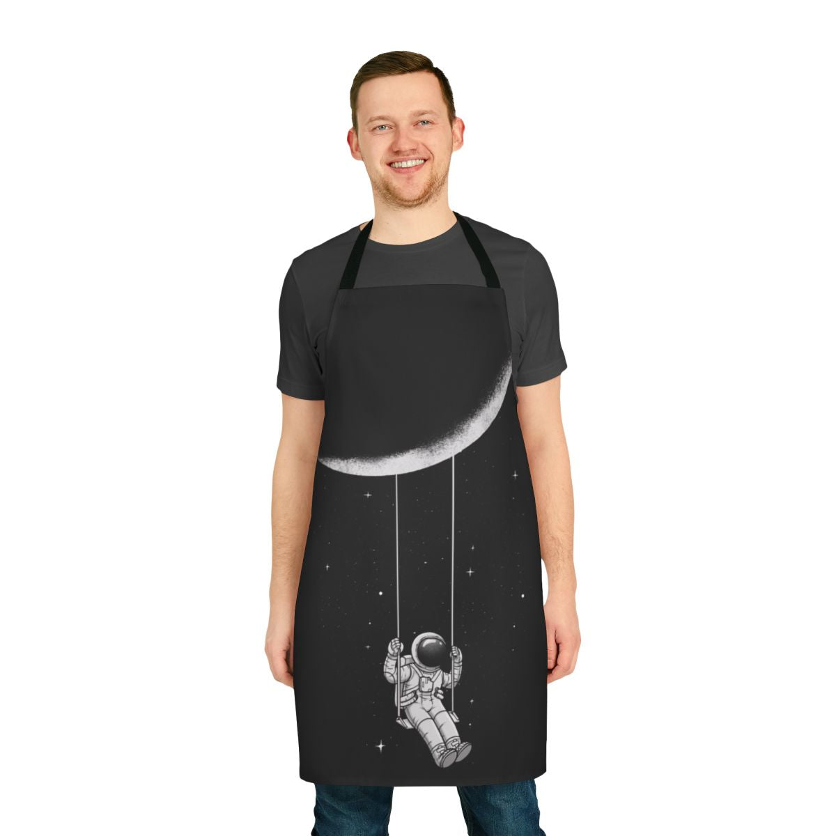 A black and white abstract apron with a swinging moon design, perfect for sci-fi and space enthusiasts.