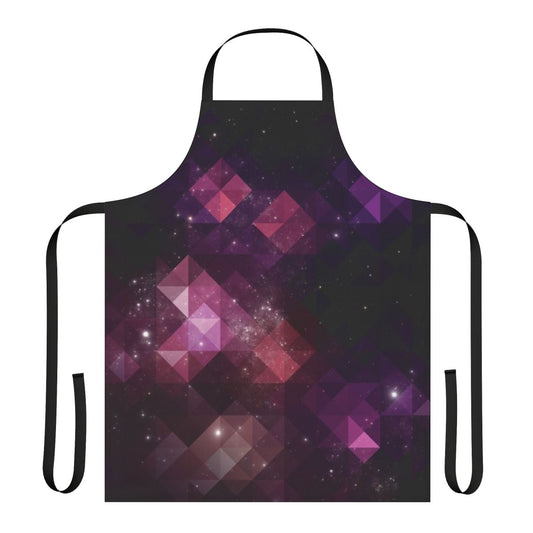 A stylish and colorful apron featuring a space and geometric pattern design.