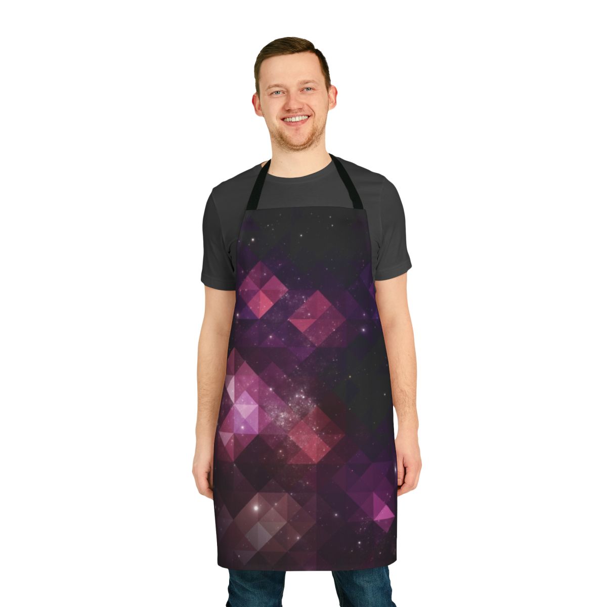 A stylish and colorful apron featuring a space and geometric pattern design.