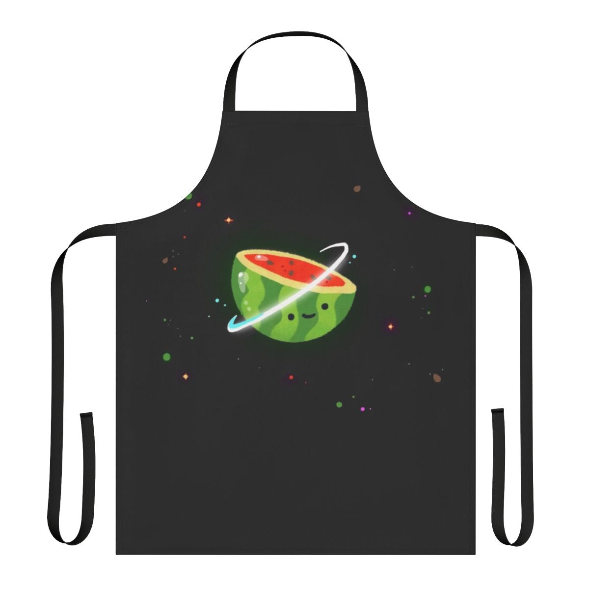 A colorful apron featuring a kawaii watermelon character surrounded by stars and planets