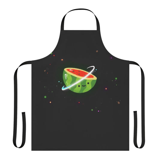 A colorful apron featuring a kawaii watermelon character surrounded by stars and planets