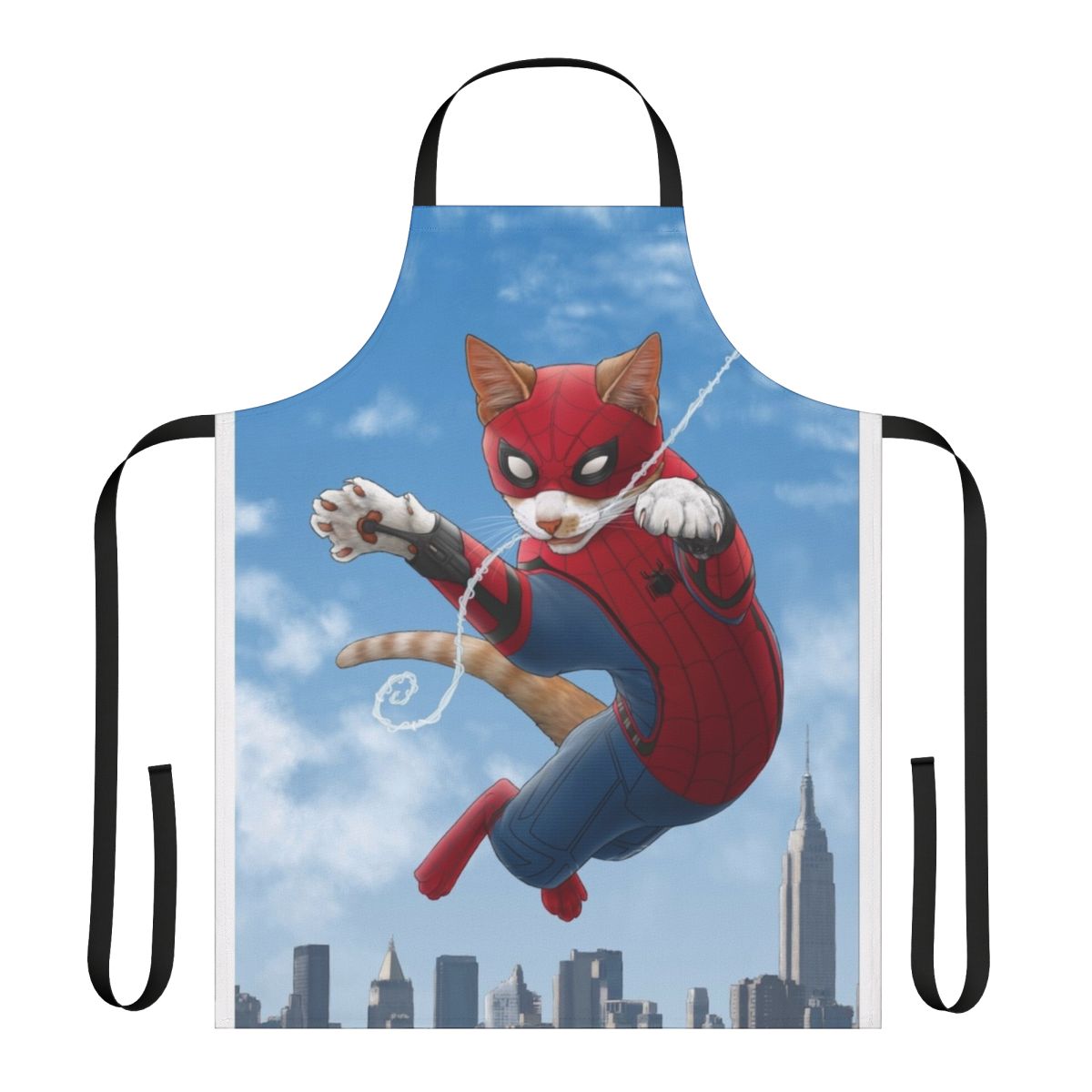 Apron featuring a spider web design and a cartoon cat wearing a superhero mask