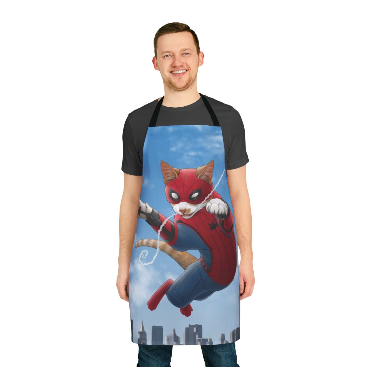 Apron featuring a spider web design and a cartoon cat wearing a superhero mask