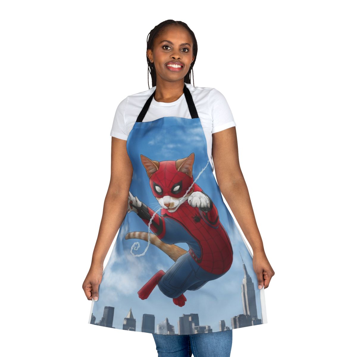 Apron featuring a spider web design and a cartoon cat wearing a superhero mask
