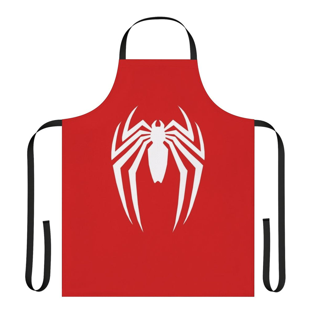 A sharp, spider-inspired graphic design on a black apron, perfect for cooking and baking.