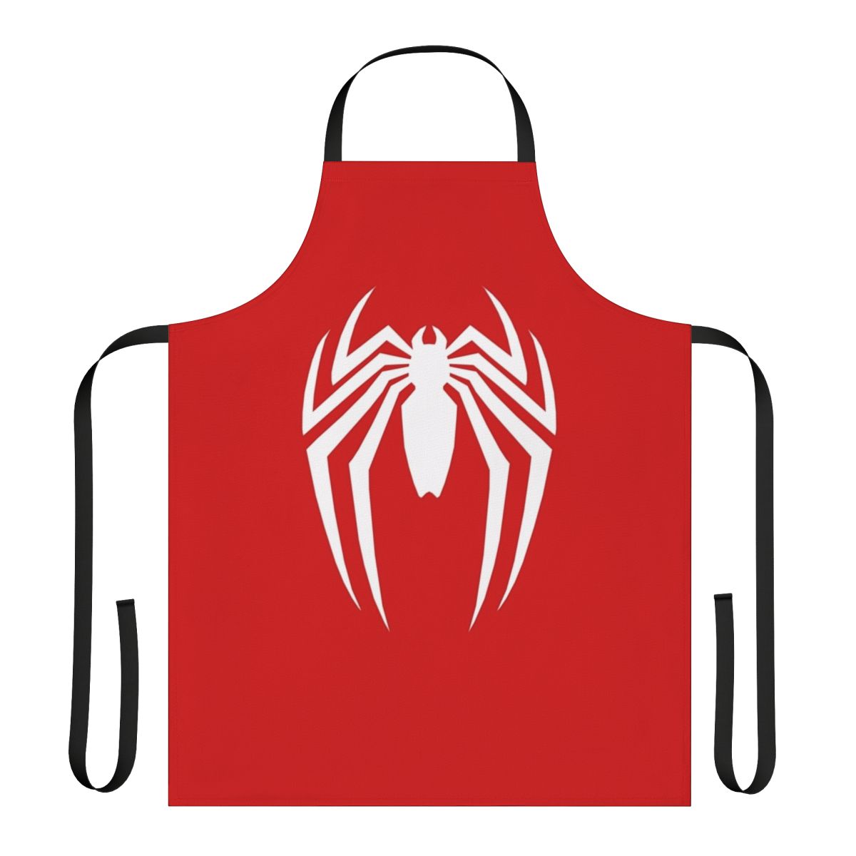 A sharp, spider-inspired graphic design on a black apron, perfect for cooking and baking.