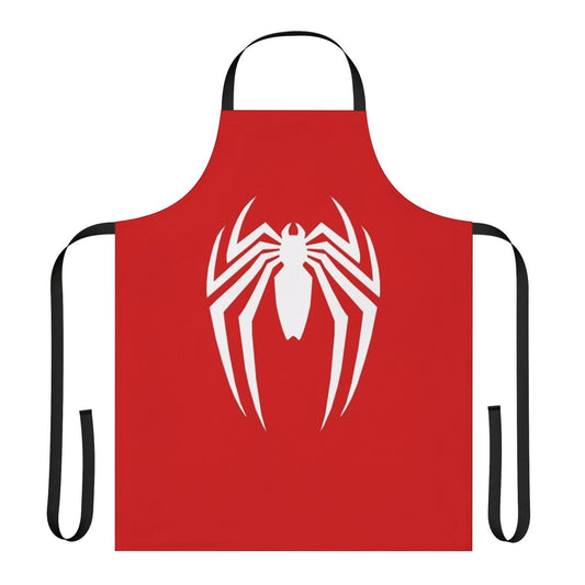 A sharp, spider-inspired graphic design on a black apron, perfect for cooking and baking.